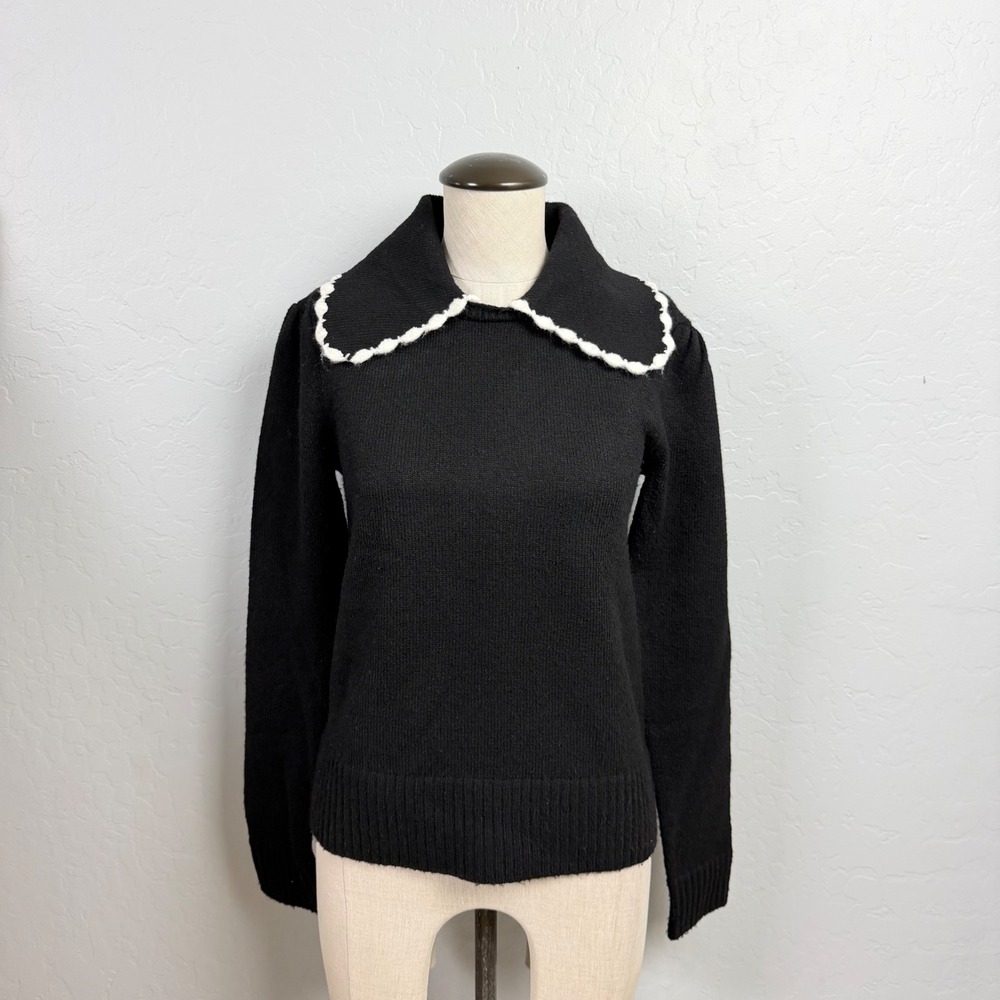 Mystree Womens Black Scalloped Peter Pan Collar Soft Knit Sweater Size S